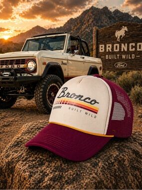 Ford Bronco Trucker Hat “Built Wild” Retro Stripe Snapback Mesh Cap NWT